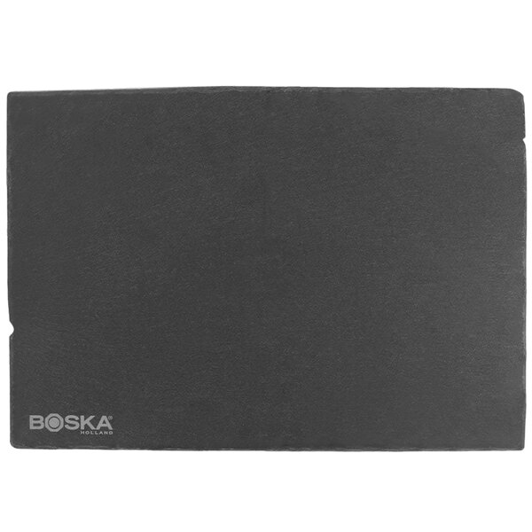 A black rectangular slate serving board with white text that reads "Boska"
