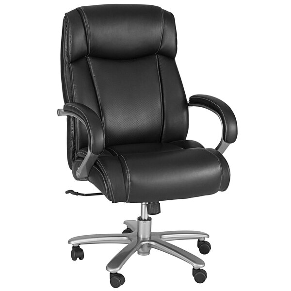 A Safco Lineage Big & Tall black leather office chair with wheels and arms.