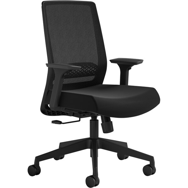 A black Safco Medina task chair with black mesh back and arms.