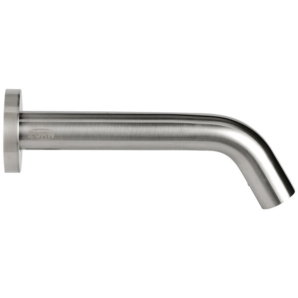 A close-up of a Zurn brushed nickel metal wall mount sensor faucet.