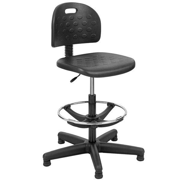 A black Safco Soft Tough workbench stool with a chrome ring.