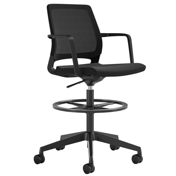 A Safco Medina black office stool with a black seat and wheels on a black base.