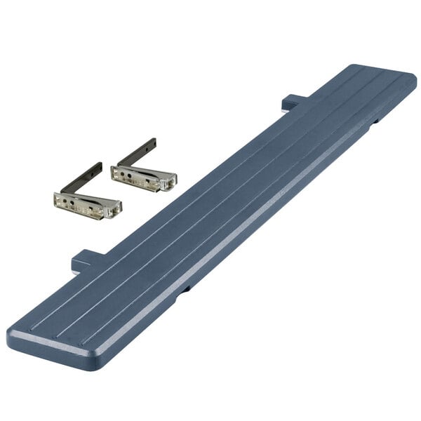 A grey rectangular tray slide with two metal brackets.