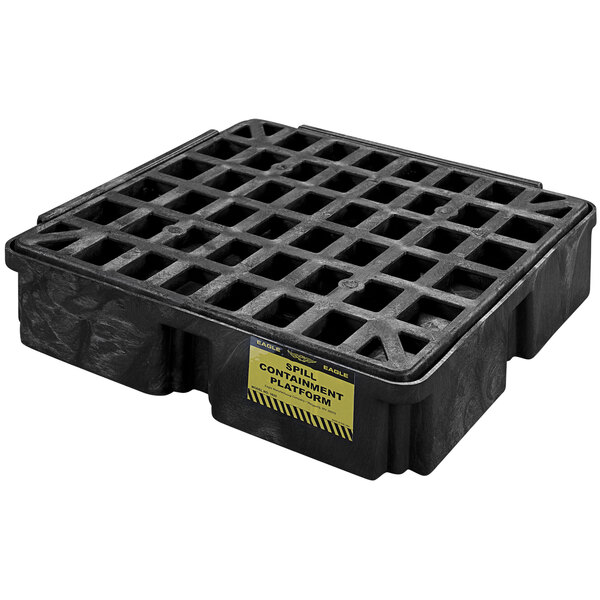 A black plastic Eagle Manufacturing spill containment platform for one drum.