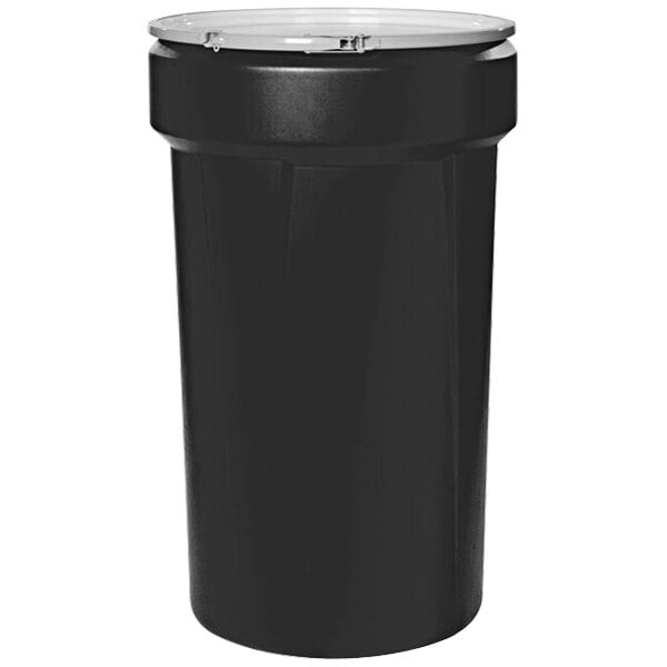 A black Eagle Manufacturing plastic drum with bung holes on top.