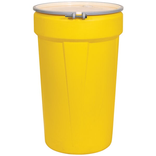 A yellow plastic Eagle Manufacturing drum with metal bolt ring.