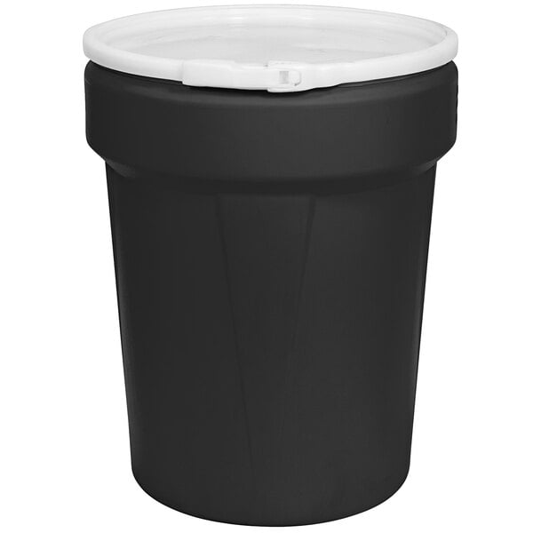 A black plastic Eagle Manufacturing drum with a white lever-lock lid.
