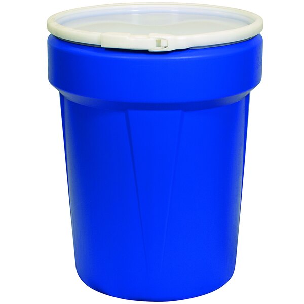A blue plastic container with a white lid.