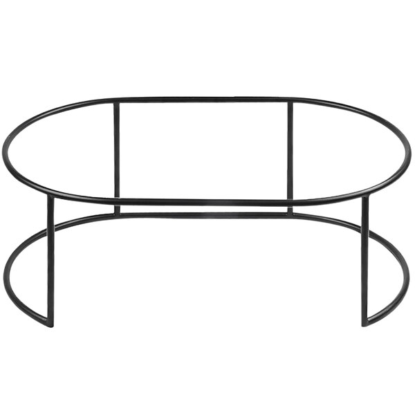 A black metal Cal-Mil display stand with a circular top on a table.