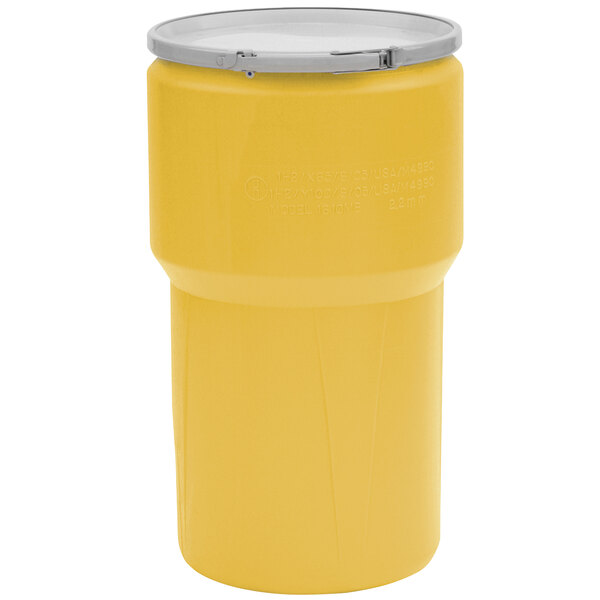 A yellow plastic Eagle Manufacturing drum with metal lever-lock lids over bung holes.