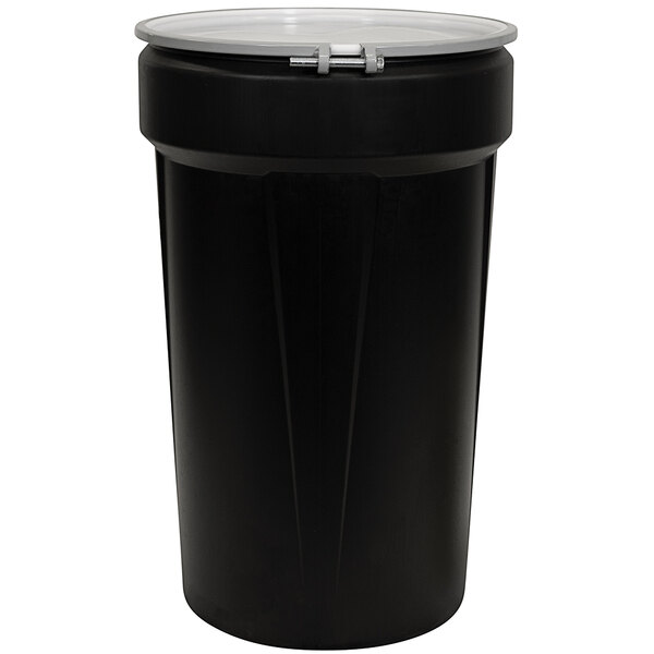 A black Eagle Manufacturing 55 gallon plastic drum with a metal bolt ring lid.