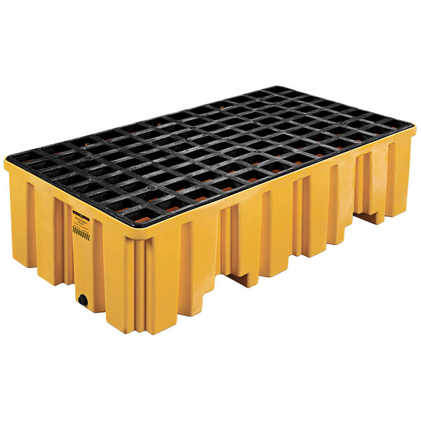 A yellow plastic Eagle Manufacturing 2 drum pallet with black plastic.