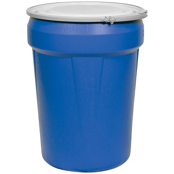 A blue plastic barrel drum with a metal lever-lock lid.