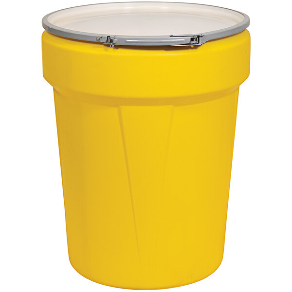 An Eagle Manufacturing yellow plastic drum with a metal lever-lock lid.