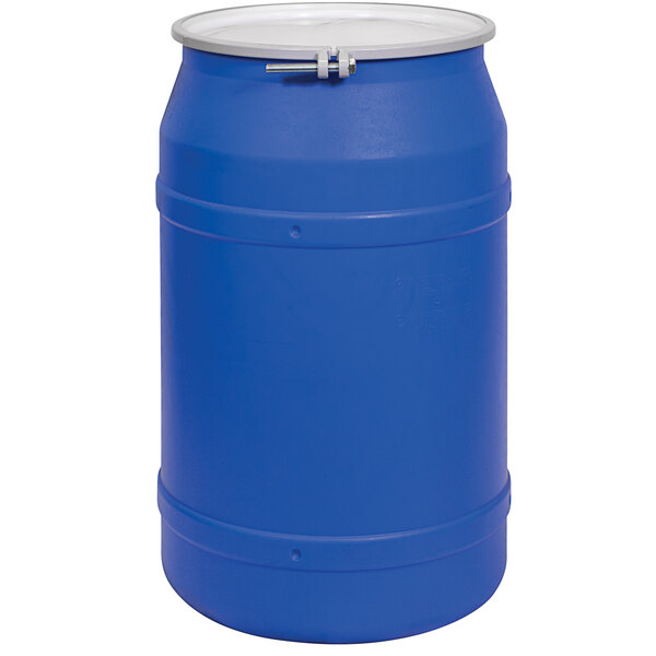 An Eagle blue plastic drum with a metal bolt ring lid.
