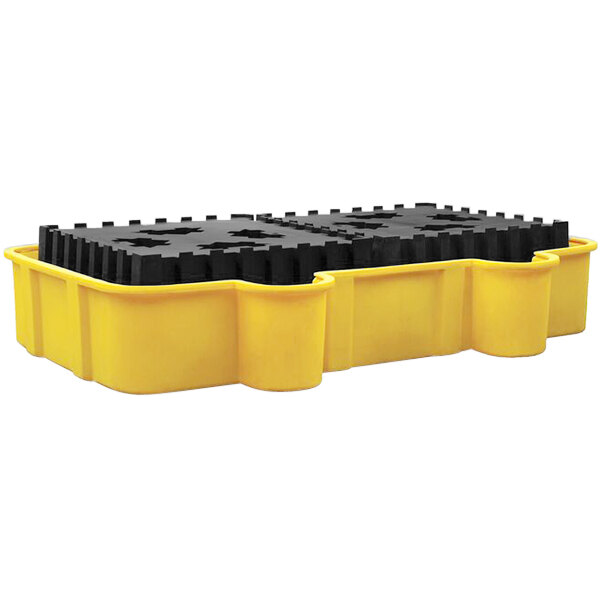 A yellow and black polyethylene tray for Eagle Manufacturing double IBC containment units.