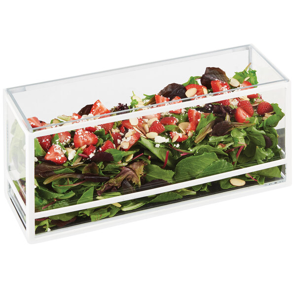 A white Cal-Mil rectangle presentation case holding a salad.