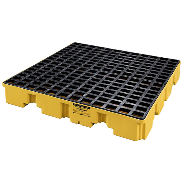 A yellow and black plastic Eagle Manufacturing drum pallet.