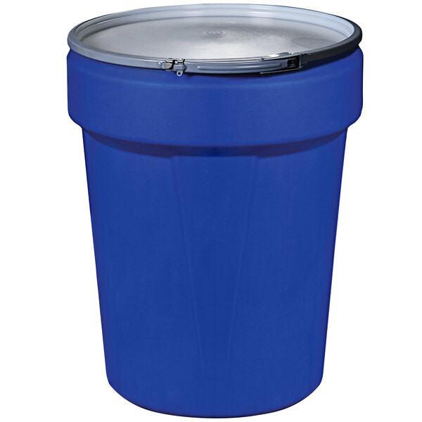 An Eagle Manufacturing blue plastic drum with a metal lever-lock lid.