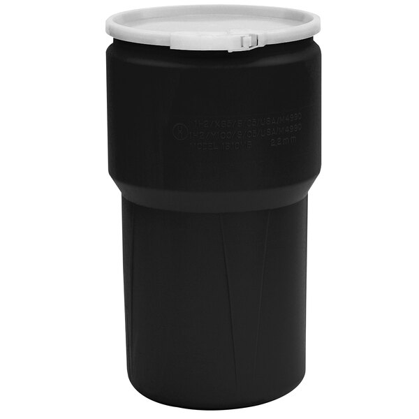 A black plastic container with a white lid.