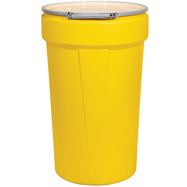 A yellow Eagle Manufacturing 55 gallon plastic drum with a metal lever-lock lid.
