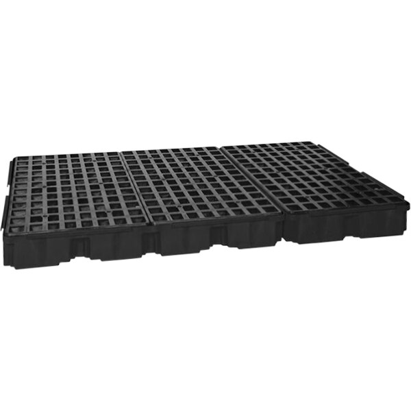 A black plastic pallet with a black plastic grate with small square holes.