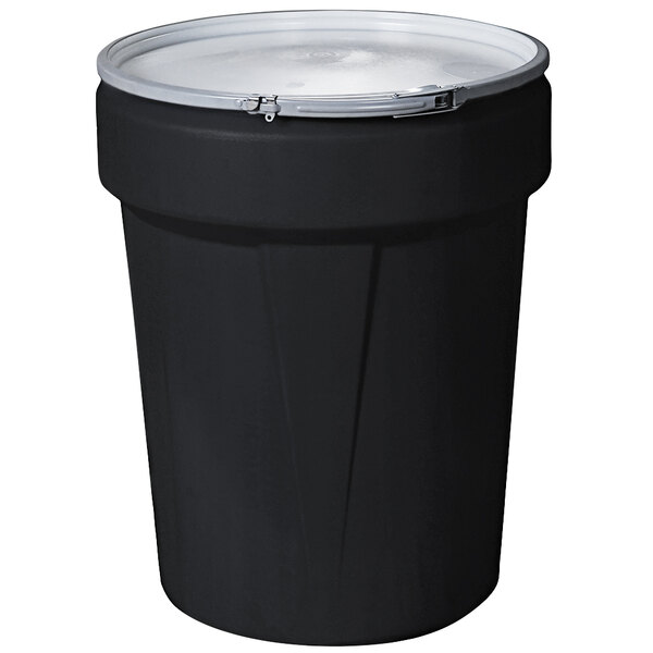 A black plastic barrel drum with a metal lever-lock lid.