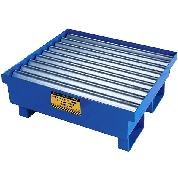 A blue metal tray with metal bars for one drum.