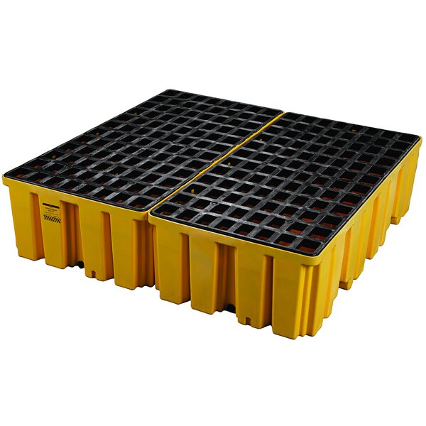 A yellow plastic Eagle Manufacturing large capacity drum pallet.