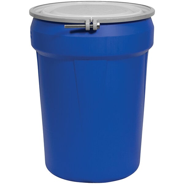 A blue plastic barrel drum with a metal bolt ring lid.