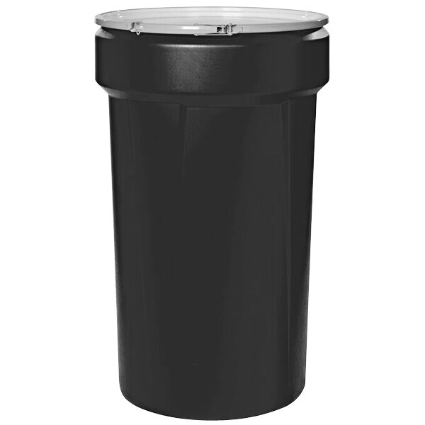 A black plastic Eagle Manufacturing 55 gallon drum with a metal lever-lock lid.
