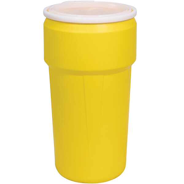 A yellow Eagle Manufacturing plastic drum with a plastic lid.