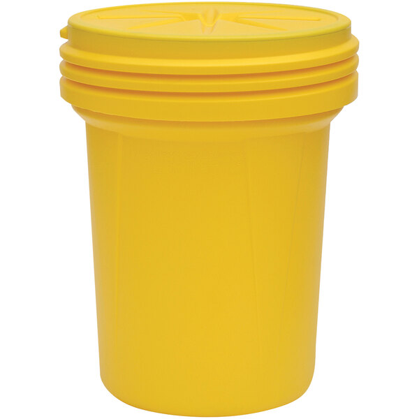 A yellow Eagle Manufacturing plastic drum with screw-on lid.