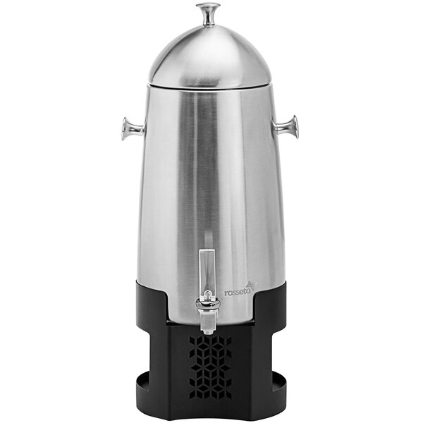A Rosseto stainless steel coffee urn with a black mosaic base.