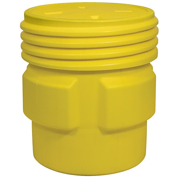 A yellow Eagle Manufacturing plastic drum with a screw-on lid.