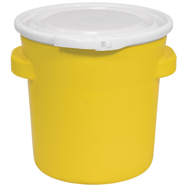 A yellow Eagle Manufacturing plastic drum with white plastic lid.