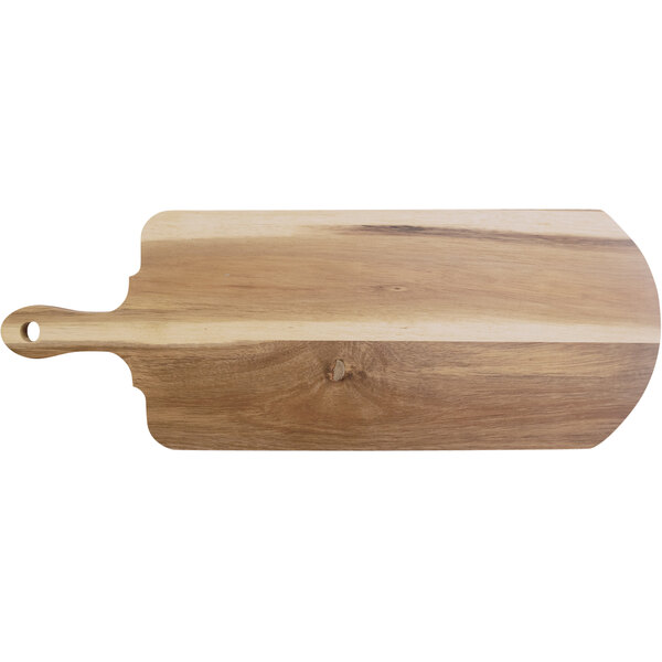An International Tableware rectangular acacia wood serving board with a handle.