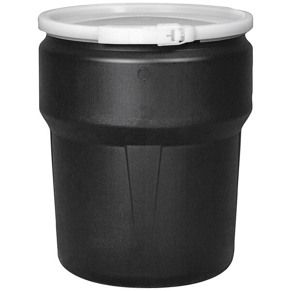 A black plastic container with a white lid.