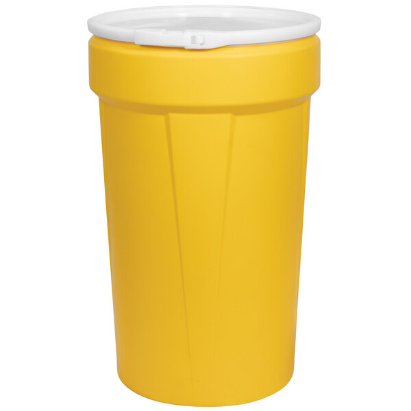 A yellow plastic Eagle Manufacturing industrial drum with a plastic lid.