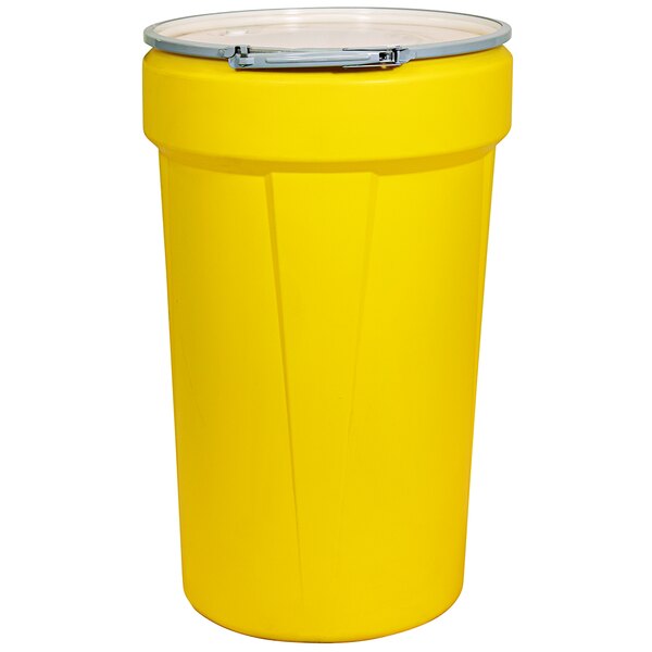 A yellow Eagle Manufacturing plastic drum with metal lever-lock.