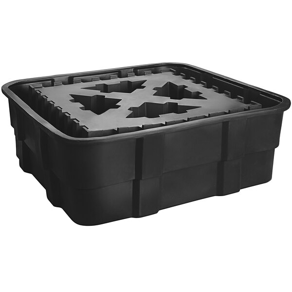 A black Eagle Manufacturing IBC containment unit with a polyethylene platform and drain.