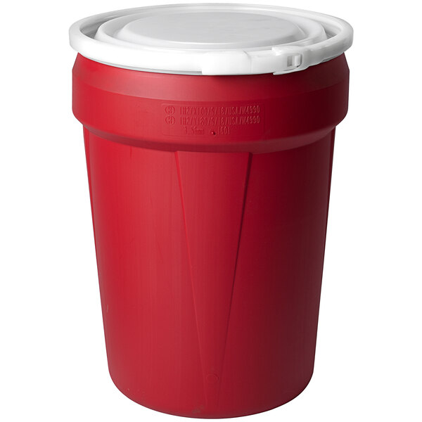A red plastic Eagle Manufacturing plastic drum with a white lever-lock lid.