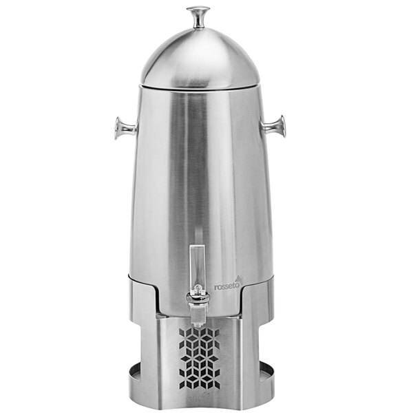 A Rosseto stainless steel coffee urn with a lid on a silver base.