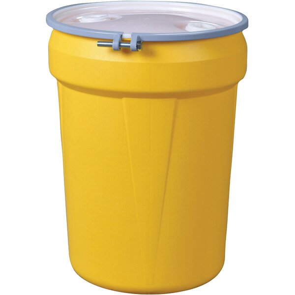 A yellow Eagle Manufacturing plastic drum with a metal bolt ring lid.
