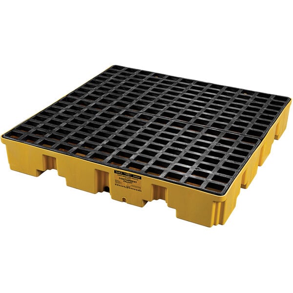 A yellow and black plastic pallet by Eagle Manufacturing.