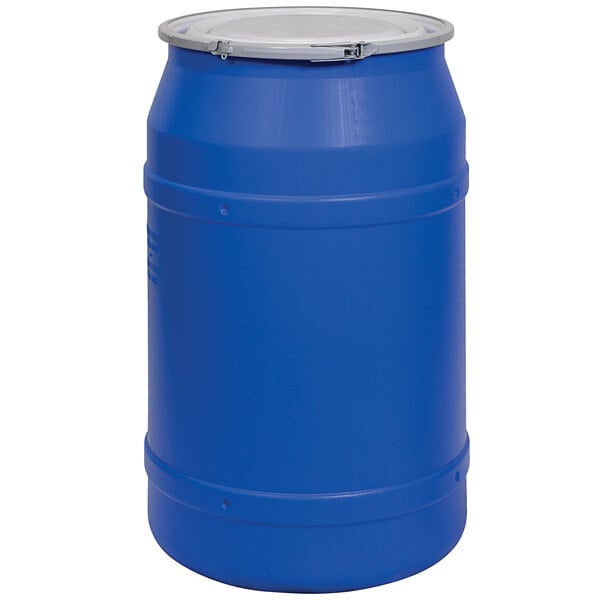 A blue Eagle Manufacturing straight-sided plastic barrel drum with a metal lever-lock lid.