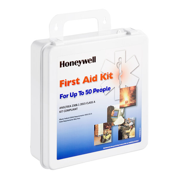 A white Honeywell first aid kit with blue and white text.