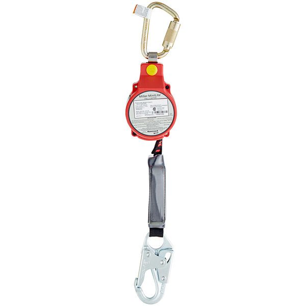 A red and silver Honeywell Miller MiniLite fall limiter with a steel carabiner.