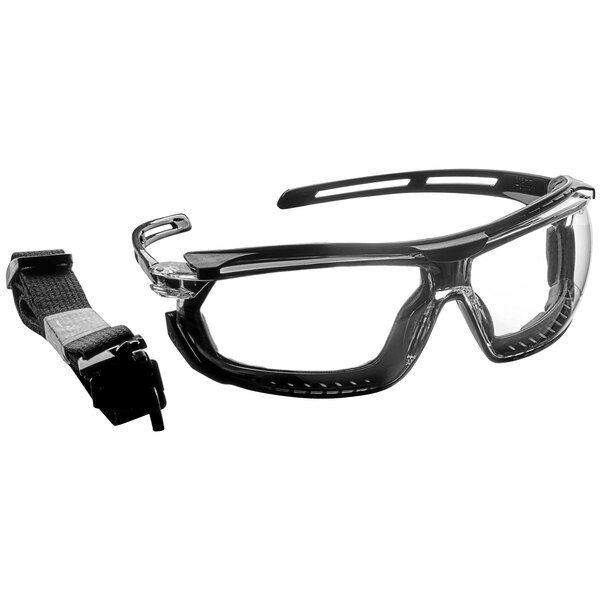Honeywell Uvex Tirade Anti-Fog Sealed Safety Glasses with black frames.