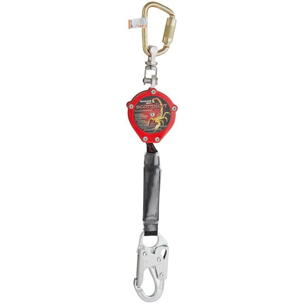 A Honeywell Miller Scorpion personal fall limiter with a steel carabiner and swivel shackle.